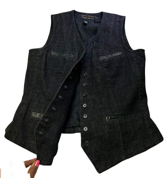Ralph Lauren Jeans Co. Denim Vest Womens Medium Black Button Front Leather Trim