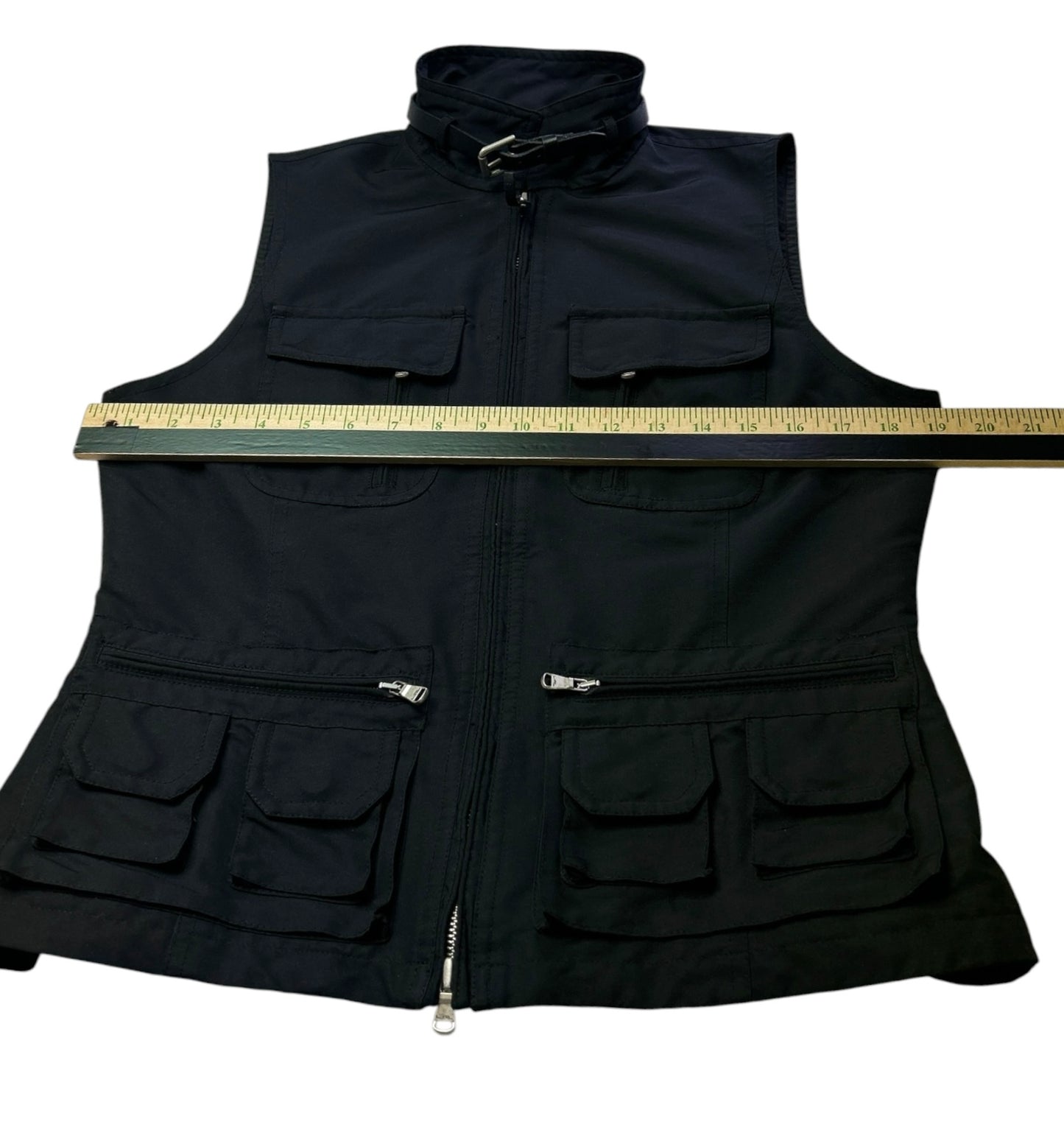 Lauren Ralph Lauren Utility Vest Womens Medium Black Zip Front Belted Collar Safari