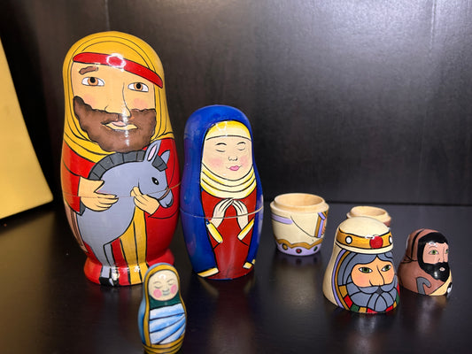 Hand Painted Nativity Nesting Dolls - Wooden Matryoshka Style Christmas Nativity Set