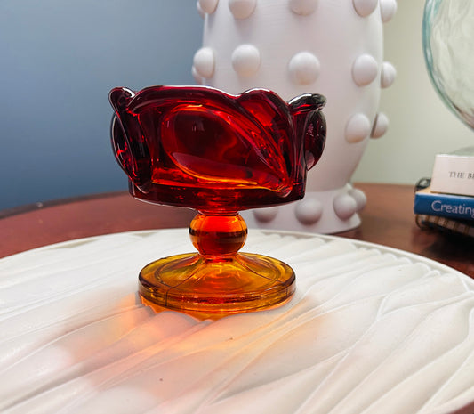 Vintage Tiara Indiana Glass Amberina Candle Holder SunsetLeaf Pedestal RedOrange
