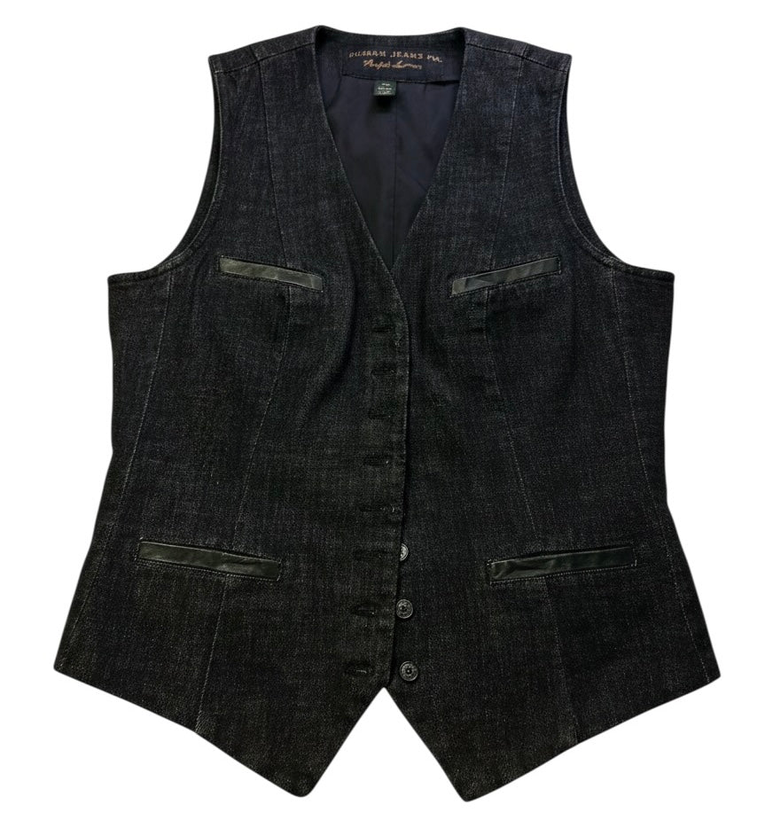 Ralph Lauren Jeans Co. Denim Vest Womens Medium Black Button Front Leather Trim