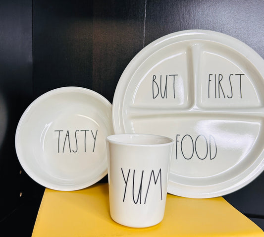 Rae Dunn Kids Dinnerware Set - BUT FIRST FOOD Divided Plate, TASTY Bowl & YUM Cup - Artisan Collection