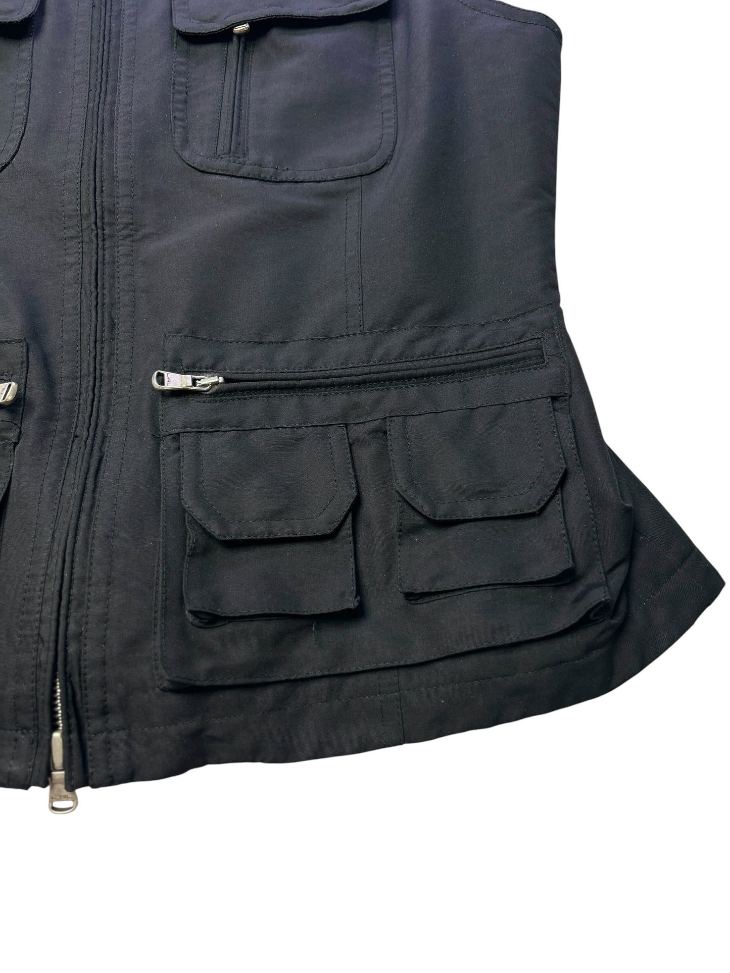 Lauren Ralph Lauren Utility Vest Womens Medium Black Zip Front Belted Collar Safari