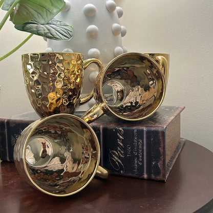 Gold Hammered Coffee Mug Set of 4 Baroque Collection Metallic Glam Kitchen Mugs