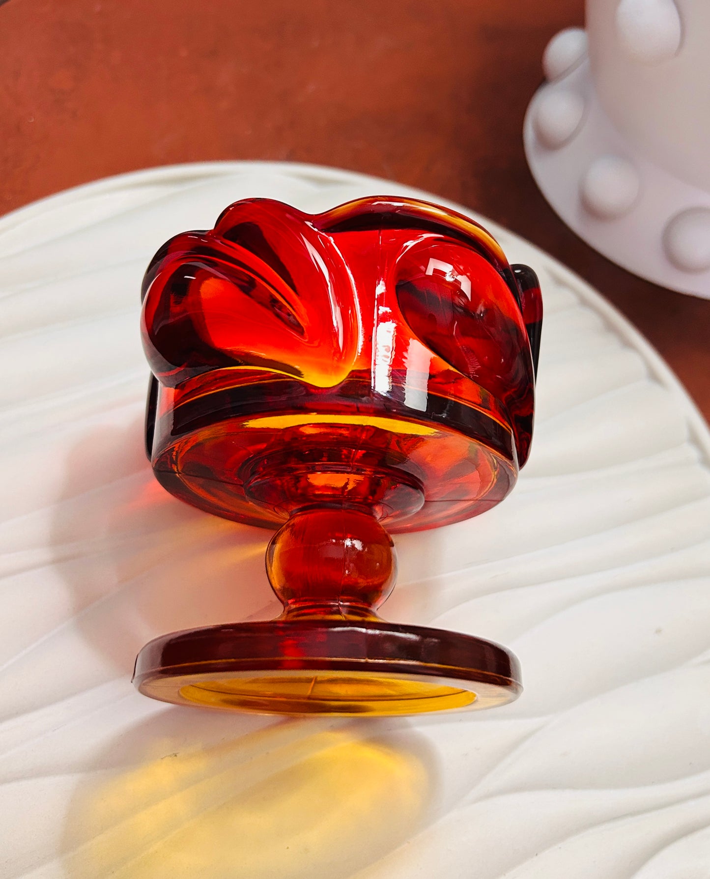 Vintage Tiara Indiana Glass Amberina Candle Holder SunsetLeaf Pedestal RedOrange