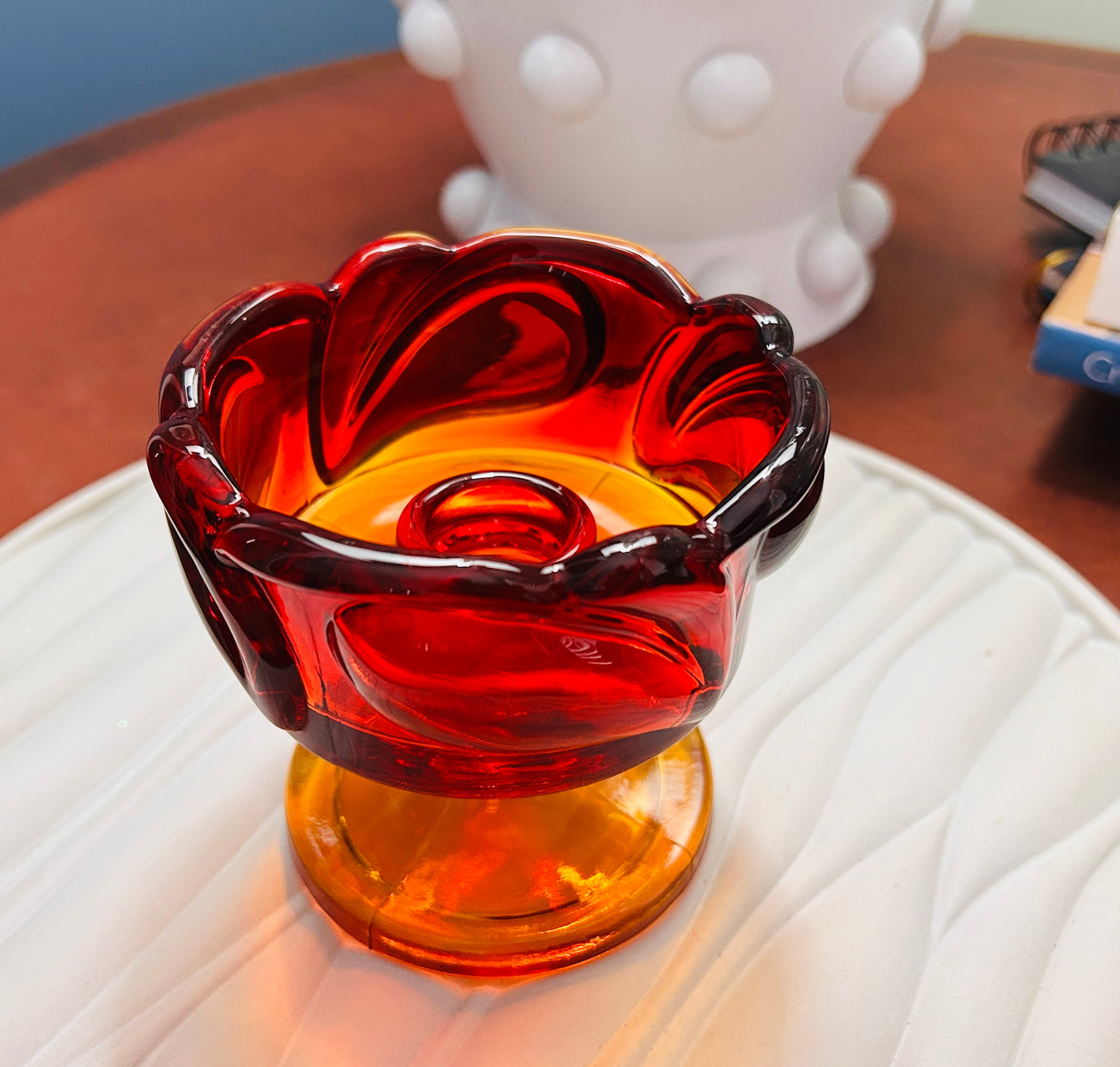 Vintage Tiara Indiana Glass Amberina Candle Holder SunsetLeaf Pedestal RedOrange
