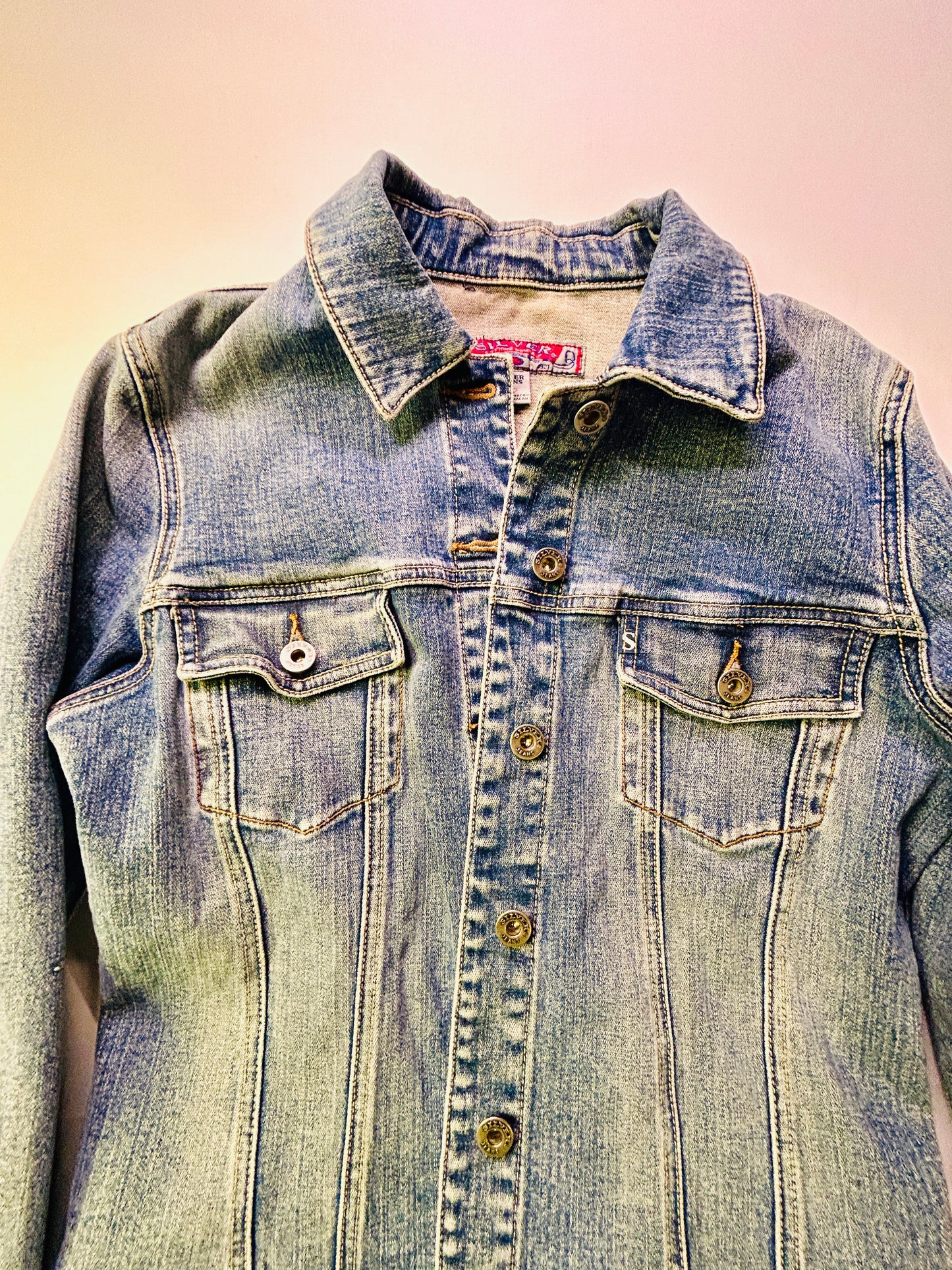 Denim Jacket Women’s Medium Light Wash Silver Jean Jacket Size