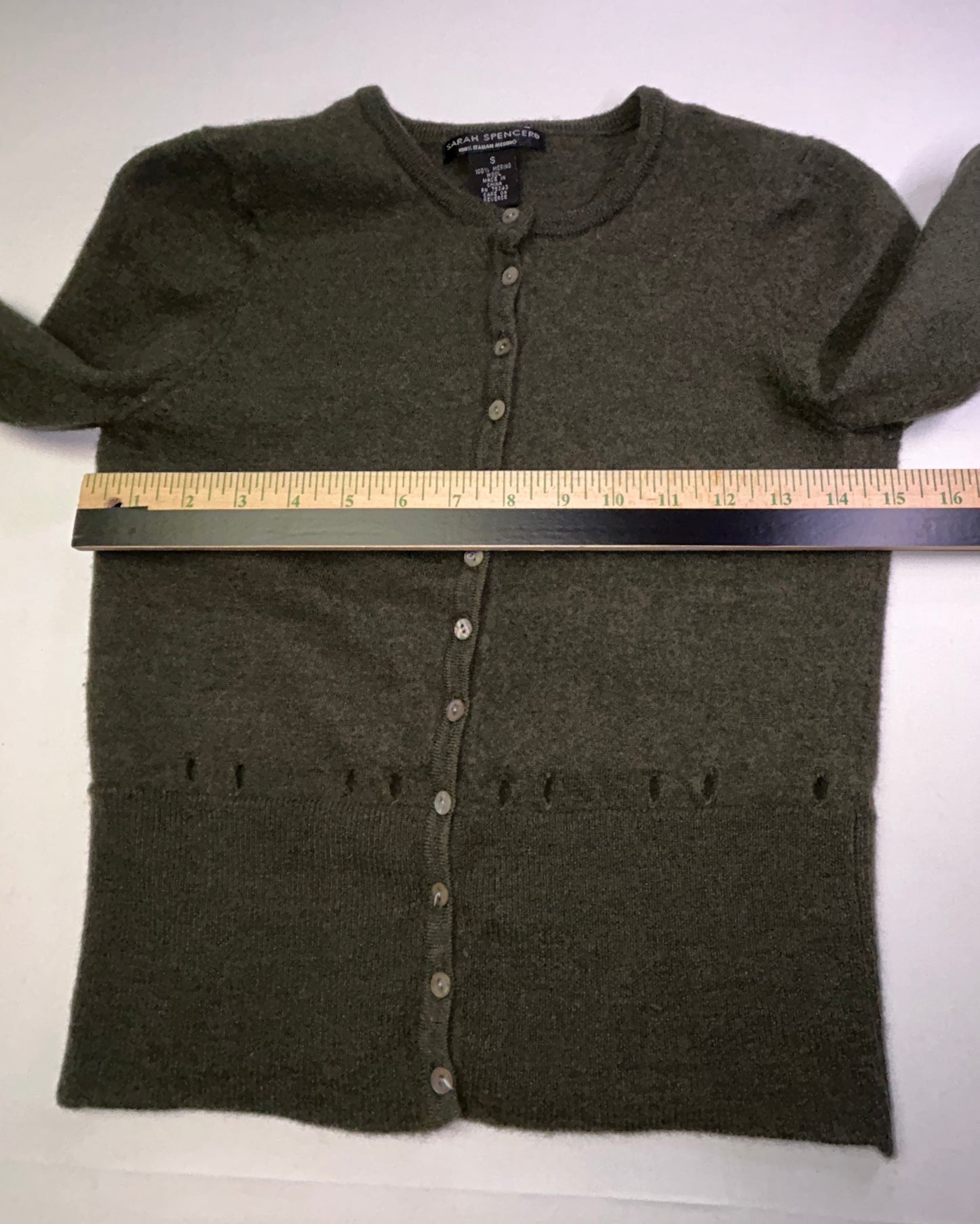 Sarah Spencer 100% Merino Wool Cardigan Olive Green Button Front Small