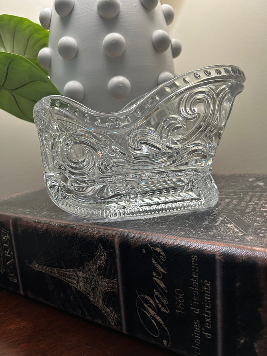 Vintage Clear Pressed Glass Christmas Slay Bowl / Trinket Dish – Scroll Pattern Decorative Glass Catchall