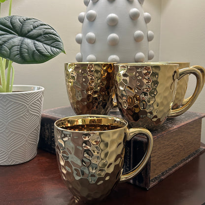 Gold Hammered Coffee Mug Set of 4 Baroque Collection Metallic Glam Kitchen Mugs