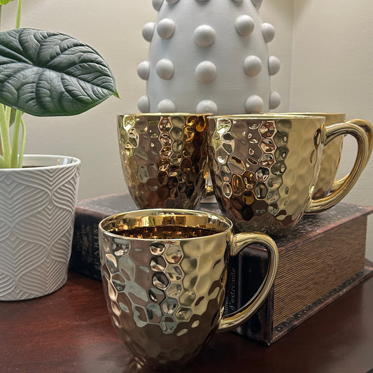 Gold Hammered Coffee Mug Set of 4 Baroque Collection Metallic Glam Kitchen Mugs