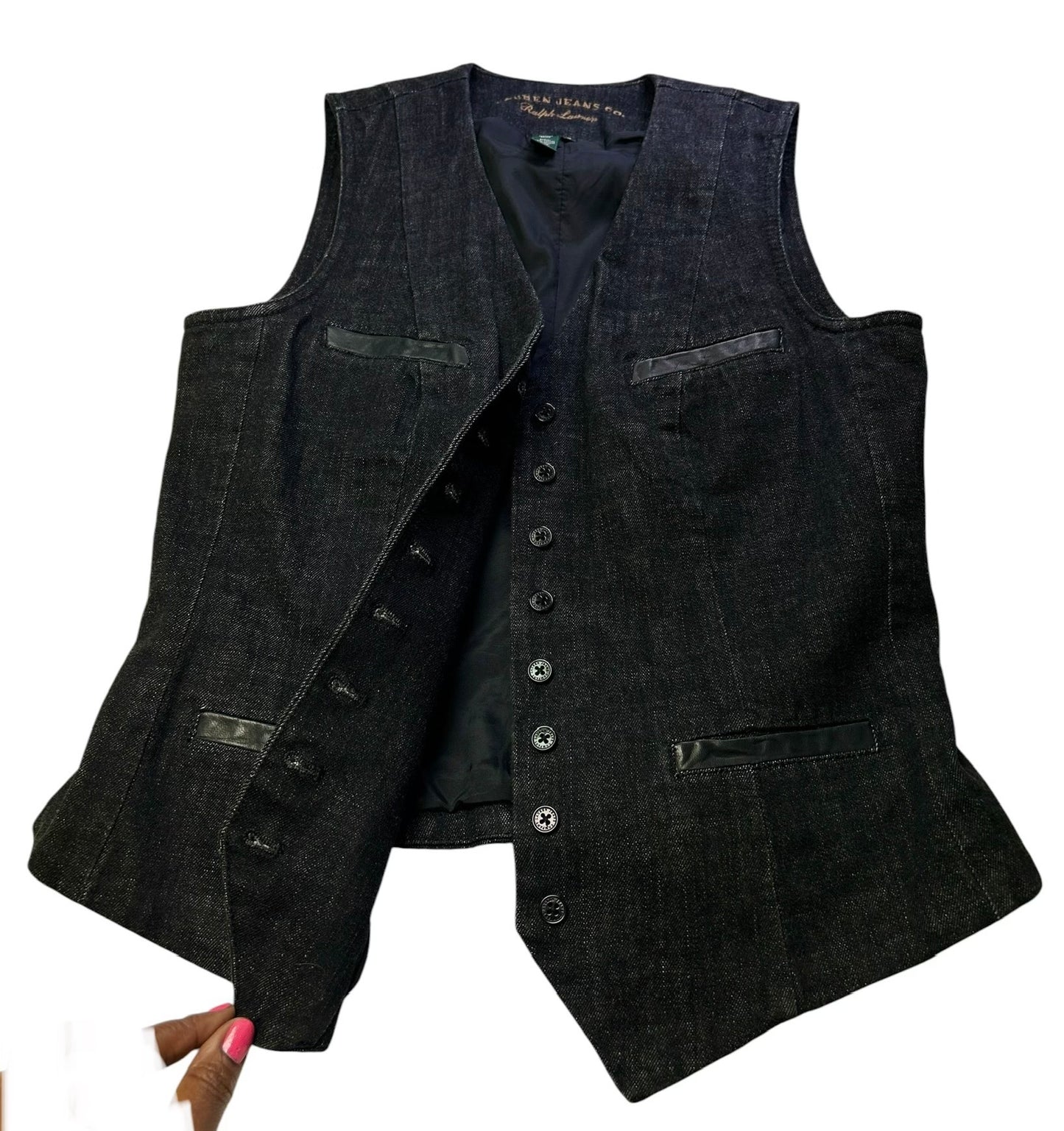 Ralph Lauren Jeans Co. Denim Vest Womens Medium Black Button Front Leather Trim