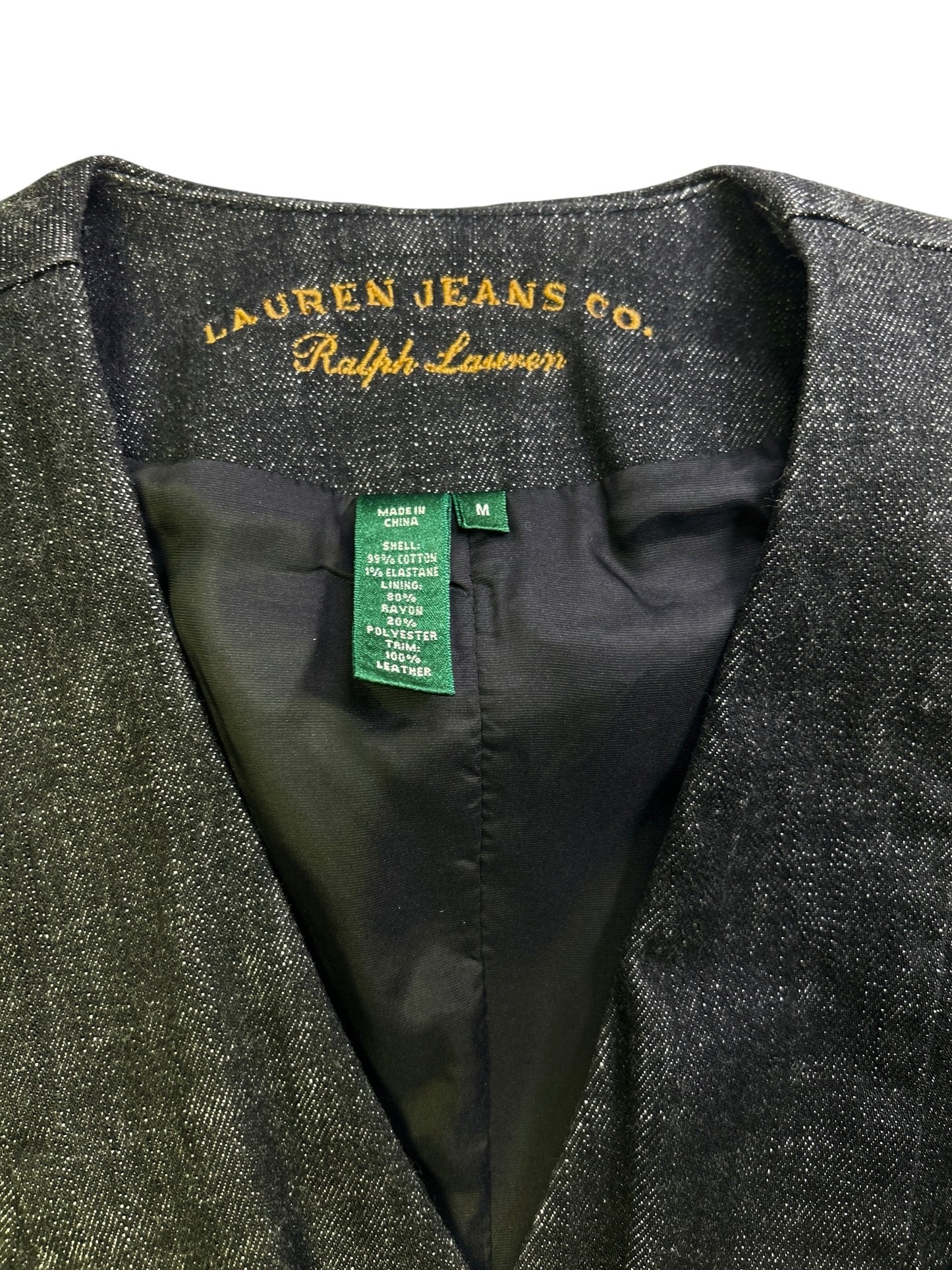 Ralph Lauren Jeans Co. Denim Vest Womens Medium Black Button Front Leather Trim