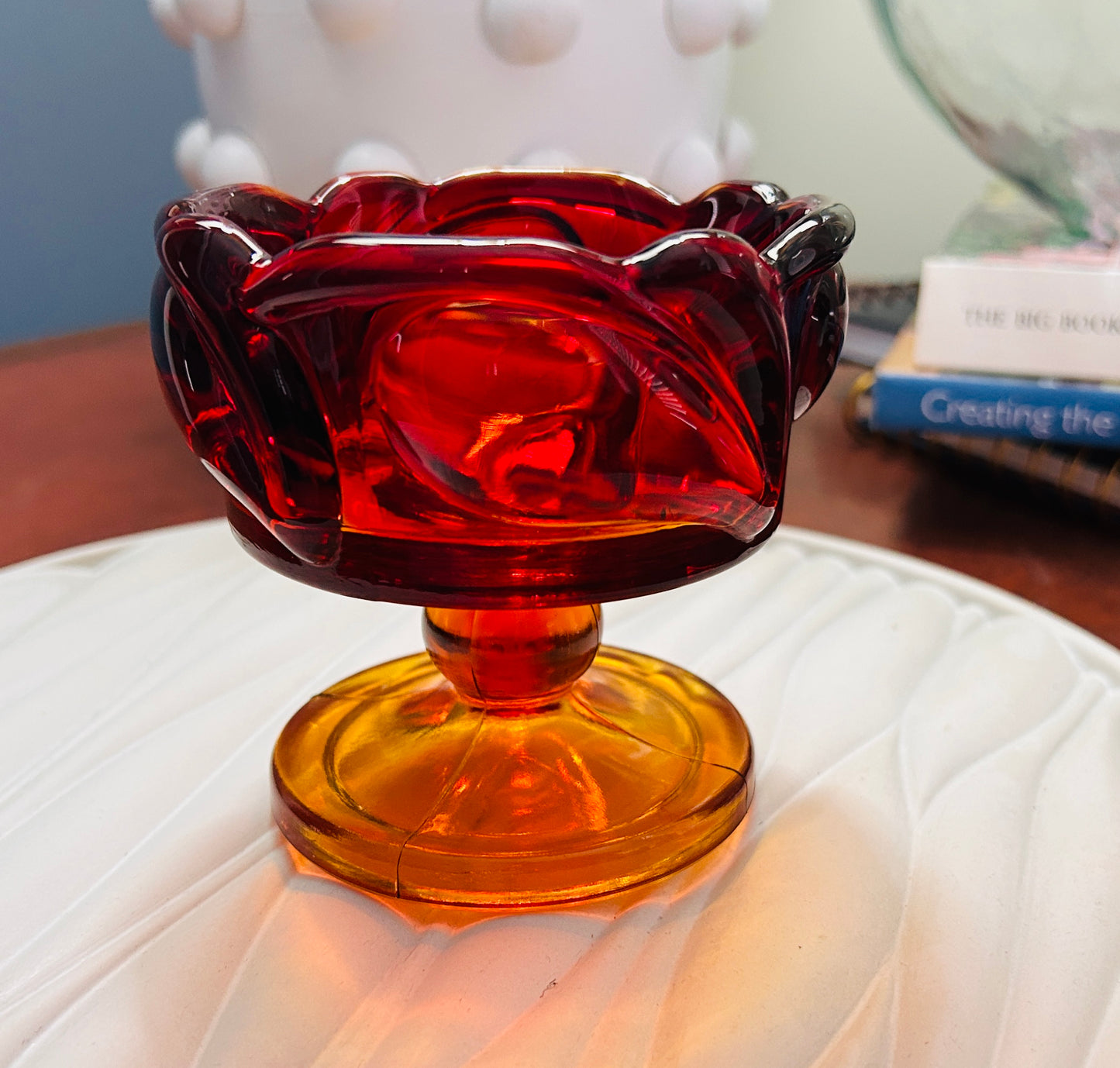 Vintage Tiara Indiana Glass Amberina Candle Holder SunsetLeaf Pedestal RedOrange