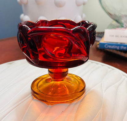 Vintage Tiara Indiana Glass Amberina Candle Holder SunsetLeaf Pedestal RedOrange