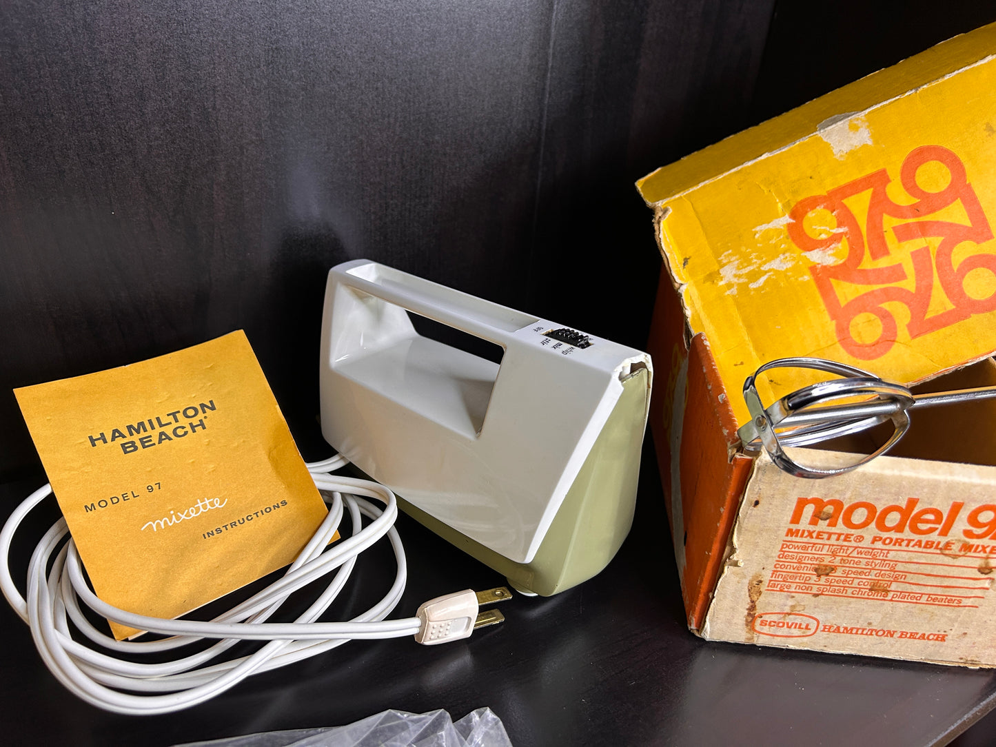 Vintage Hamilton Beach Model 97 Mixette Hand Mixer with Box & Manual – Working 1970 Kitchen Appliance