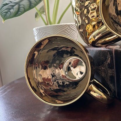 Gold Hammered Coffee Mug Set of 4 Baroque Collection Metallic Glam Kitchen Mugs