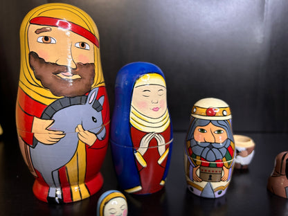 Hand Painted Nativity Nesting Dolls - Wooden Matryoshka Style Christmas Nativity Set