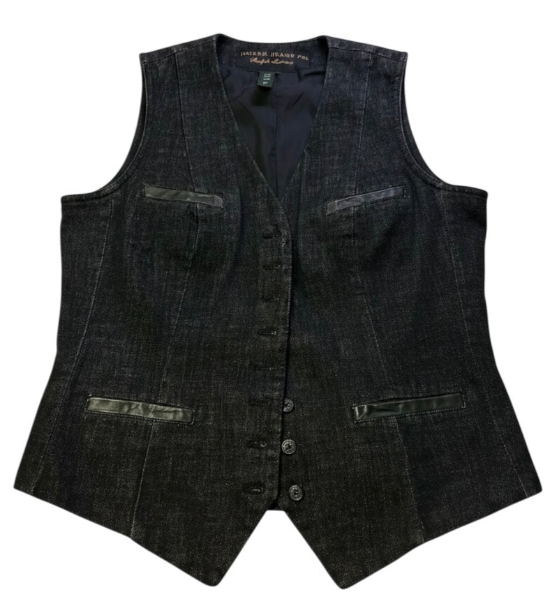 Ralph Lauren Jeans Co. Denim Vest Womens Medium Black Button Front Leather Trim