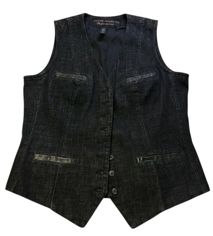 Ralph Lauren Jeans Co. Denim Vest Womens Medium Black Button Front Leather Trim