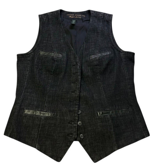 Ralph Lauren Jeans Co. Denim Vest Womens Medium Black Button Front Leather Trim