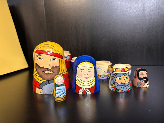 Hand Painted Nativity Nesting Dolls - Wooden Matryoshka Style Christmas Nativity Set