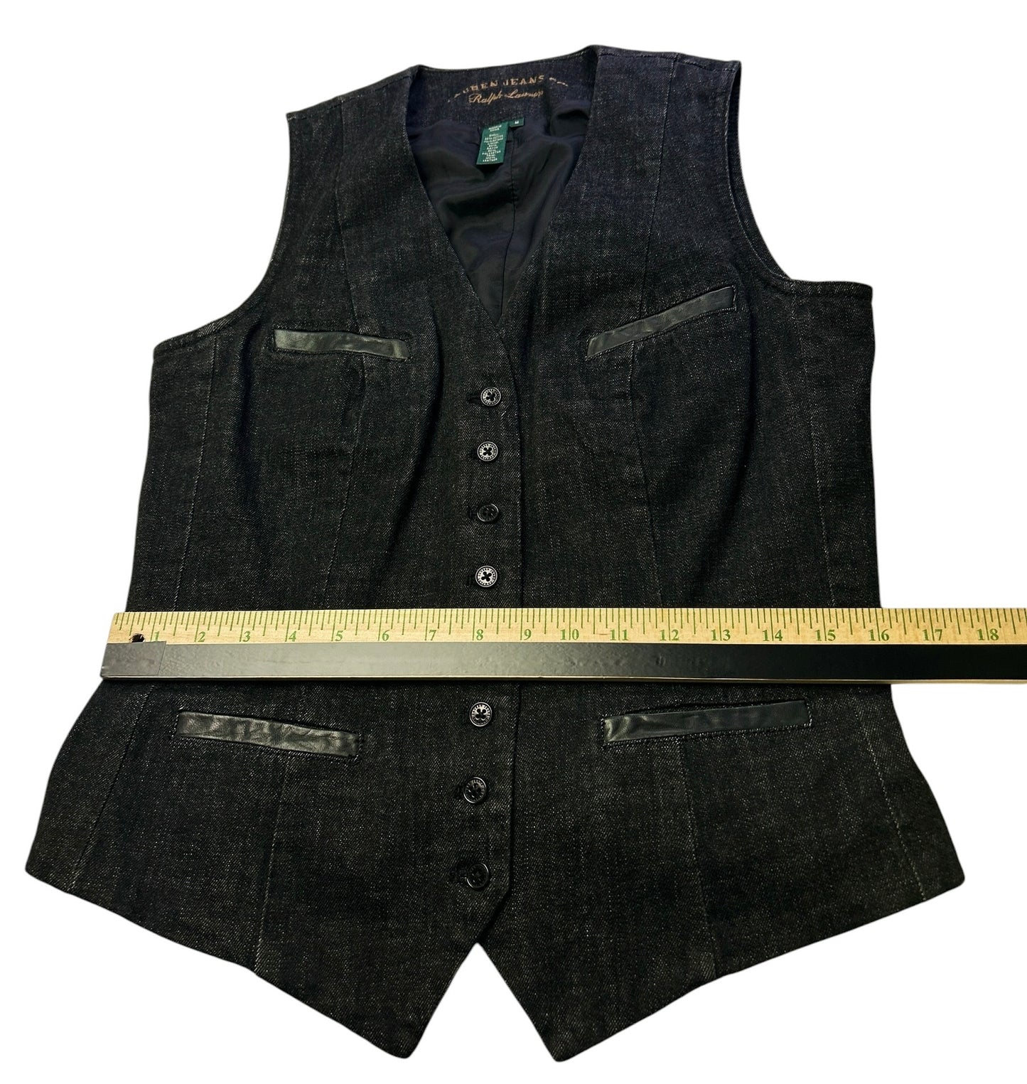 Ralph Lauren Jeans Co. Denim Vest Womens Medium Black Button Front Leather Trim