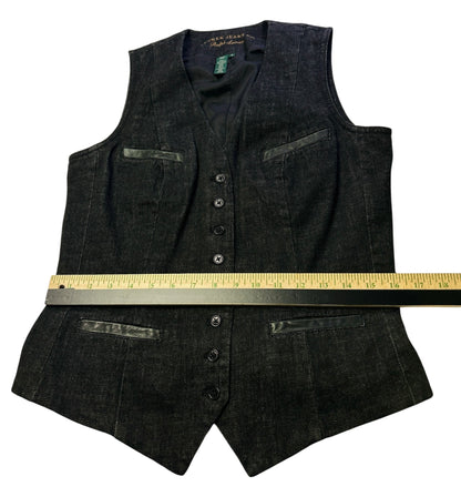 Ralph Lauren Jeans Co. Denim Vest Womens Medium Black Button Front Leather Trim