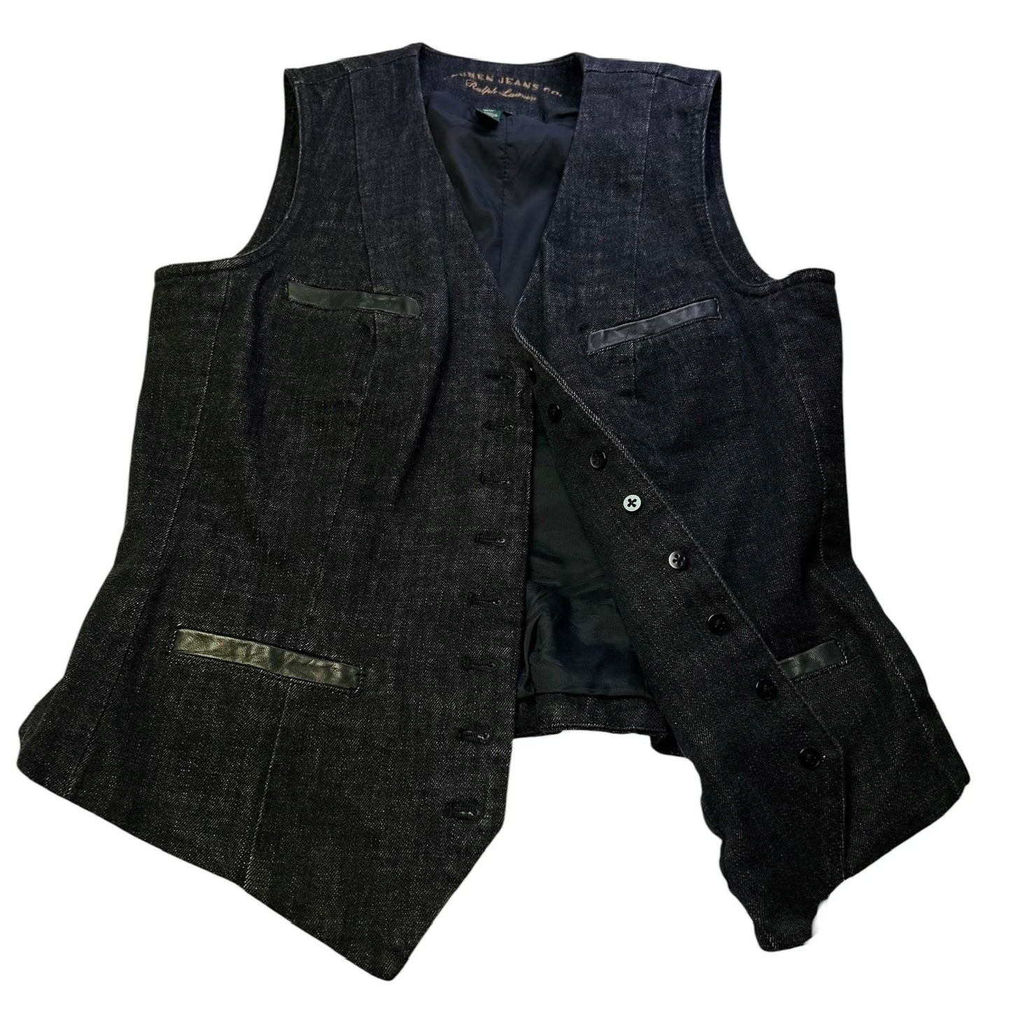 Ralph Lauren Jeans Co. Denim Vest Womens Medium Black Button Front Leather Trim