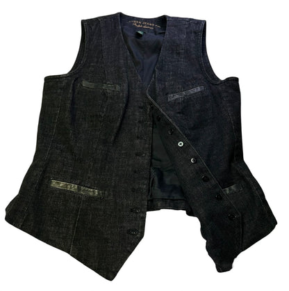 Ralph Lauren Jeans Co. Denim Vest Womens Medium Black Button Front Leather Trim