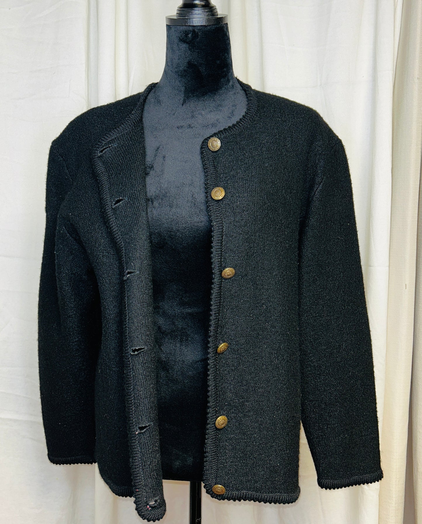 Vintage Tally-Ho Black Knit Cardigan Sweater Gold Button Front Women's