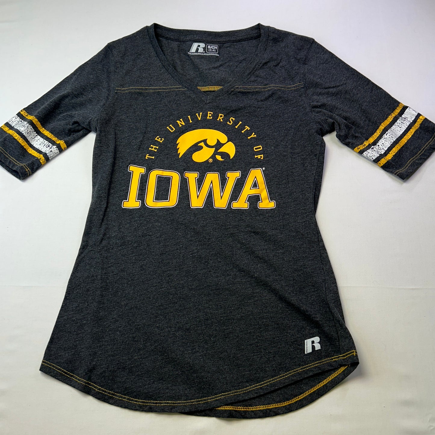 University of Iowa Hawkeyes Women's V-Neck Football Style Tee Gray Size Small