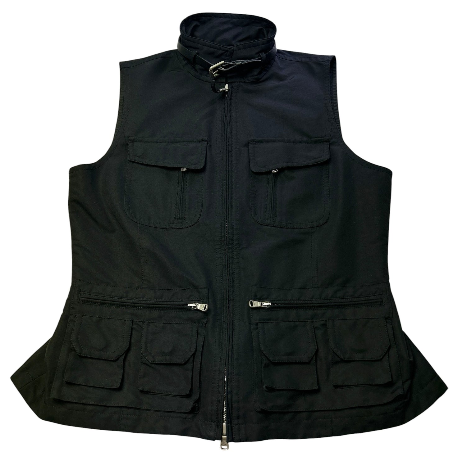 Lauren Ralph Lauren Utility Vest Womens Medium Black Zip Front Belted Collar Safari