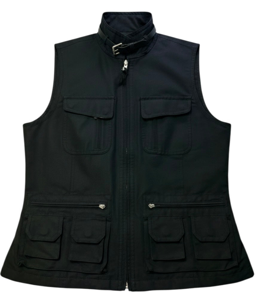 Lauren Ralph Lauren Utility Vest Womens Medium Black Zip Front Belted Collar Safari