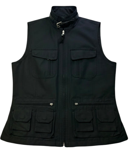 Lauren Ralph Lauren Utility Vest Womens Medium Black Zip Front Belted Collar Safari