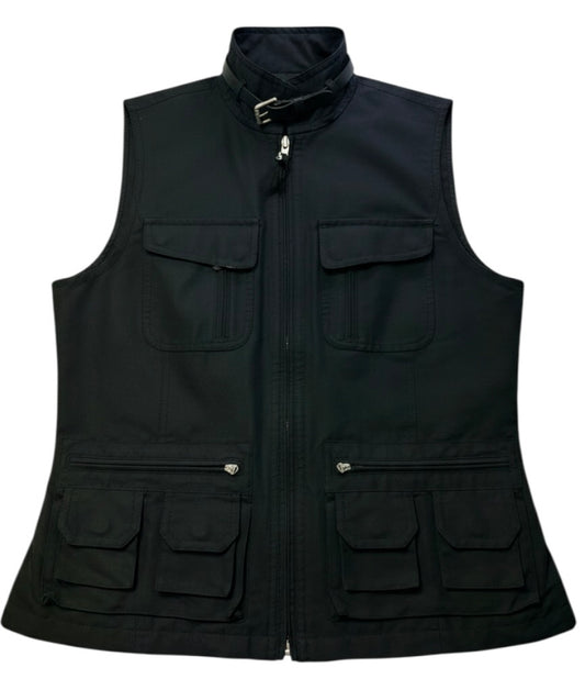 Lauren Ralph Lauren Utility Vest Womens Medium Black Zip Front Belted Collar Safari