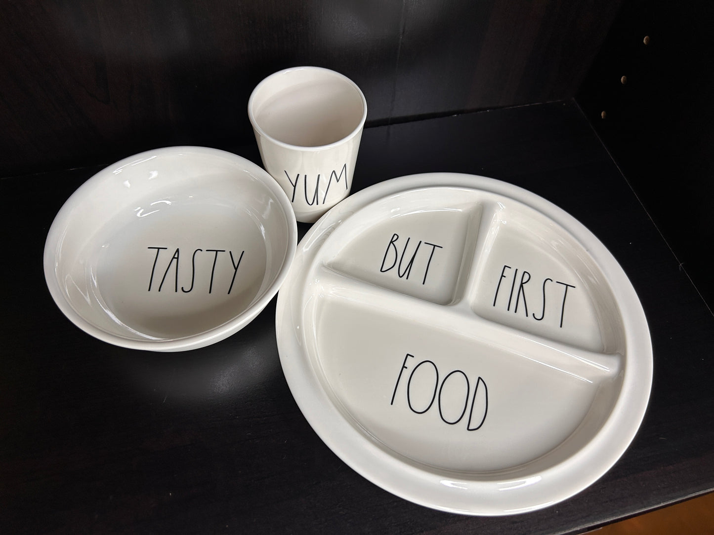 Rae Dunn Kids Dinnerware Set - BUT FIRST FOOD Divided Plate,  TASTY Bowl & YUM Cup - Artisan Collection