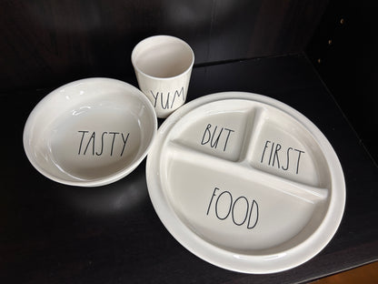 Rae Dunn Kids Dinnerware Set - BUT FIRST FOOD Divided Plate,  TASTY Bowl & YUM Cup - Artisan Collection