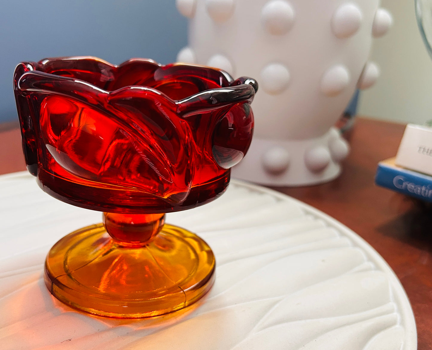 Vintage Tiara Indiana Glass Amberina Candle Holder SunsetLeaf Pedestal RedOrange