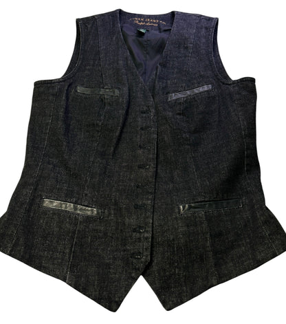 Ralph Lauren Jeans Co. Denim Vest Womens Medium Black Button Front Leather Trim