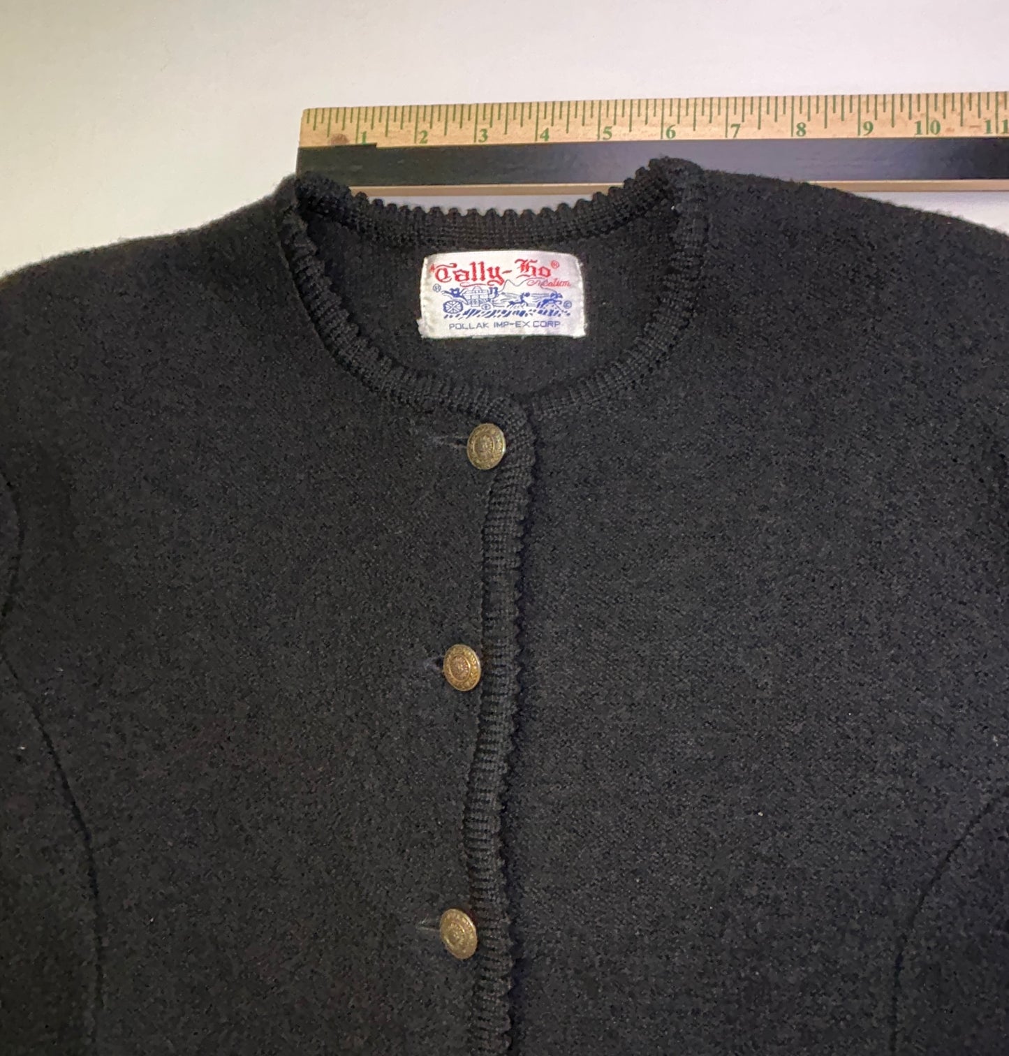 Vintage Tally-Ho Black Knit Cardigan Sweater Gold Button Front Women's