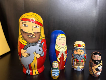 Hand Painted Nativity Nesting Dolls - Wooden Matryoshka Style Christmas Nativity Set