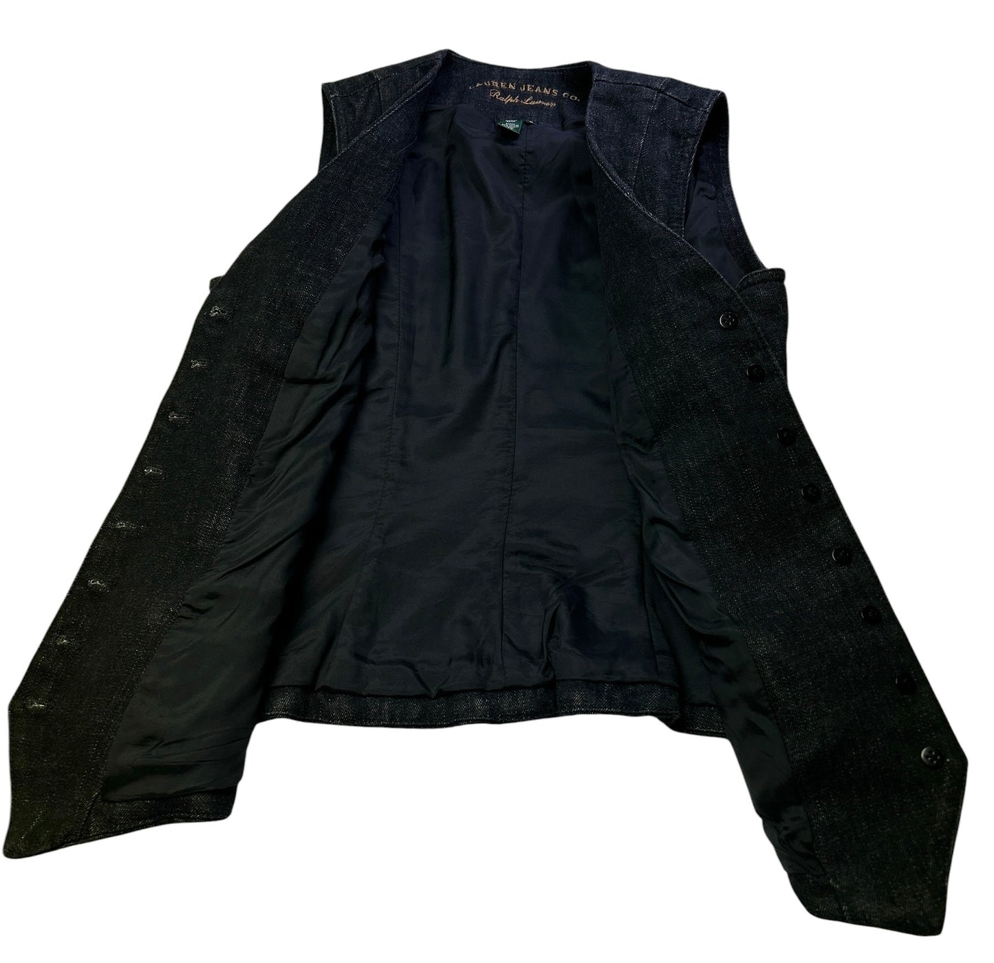 Ralph Lauren Jeans Co. Denim Vest Womens Medium Black Button Front Leather Trim