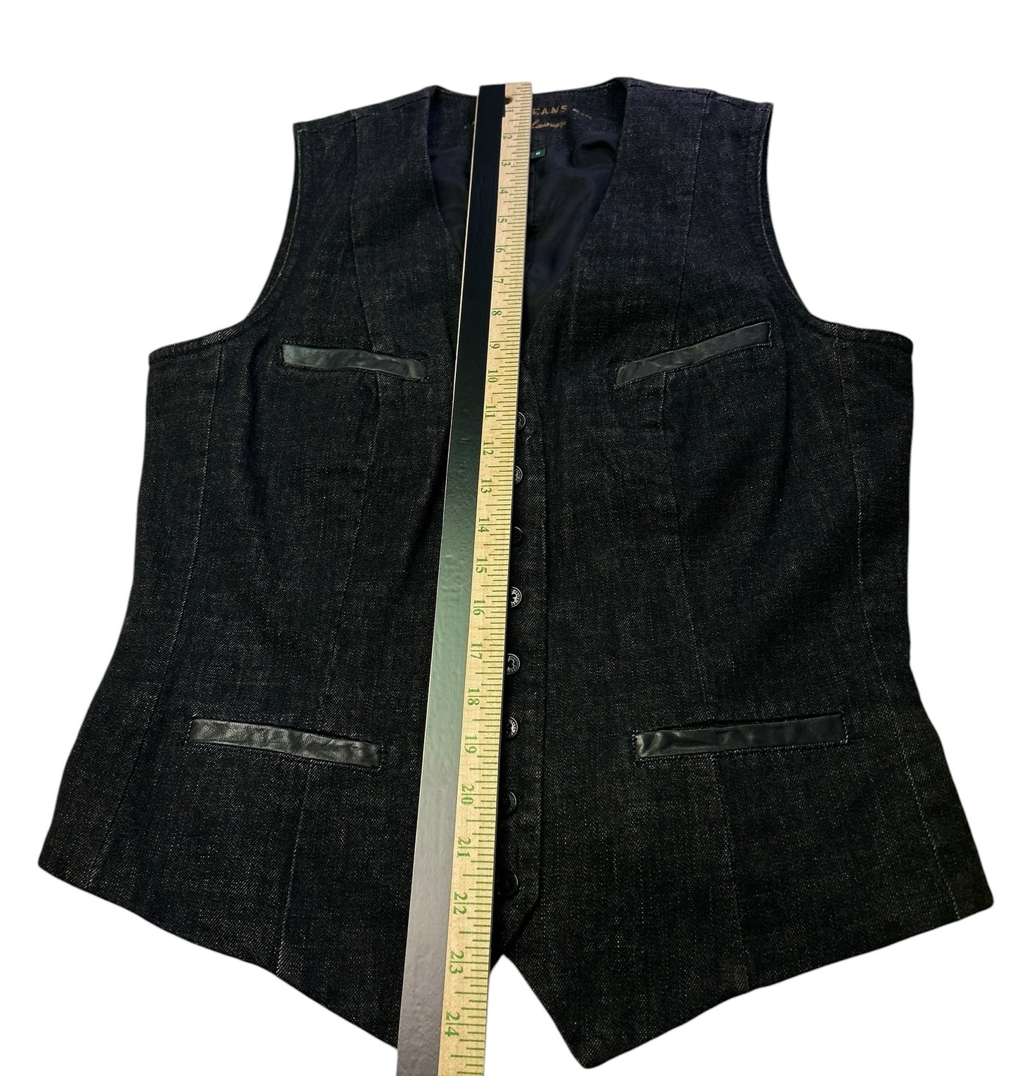 Ralph Lauren Jeans Co. Denim Vest Womens Medium Black Button Front Leather Trim