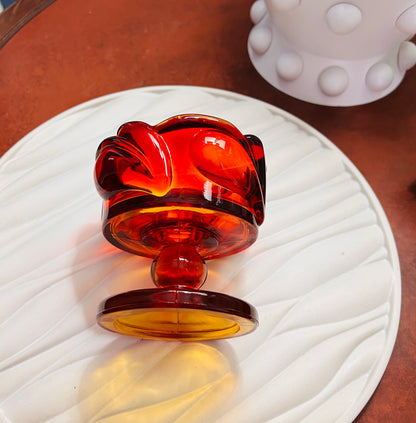 Vintage Tiara Indiana Glass Amberina Candle Holder SunsetLeaf Pedestal RedOrange