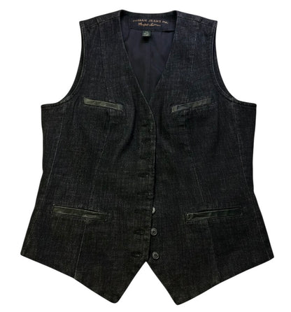 Ralph Lauren Jeans Co. Denim Vest Womens Medium Black Button Front Leather Trim