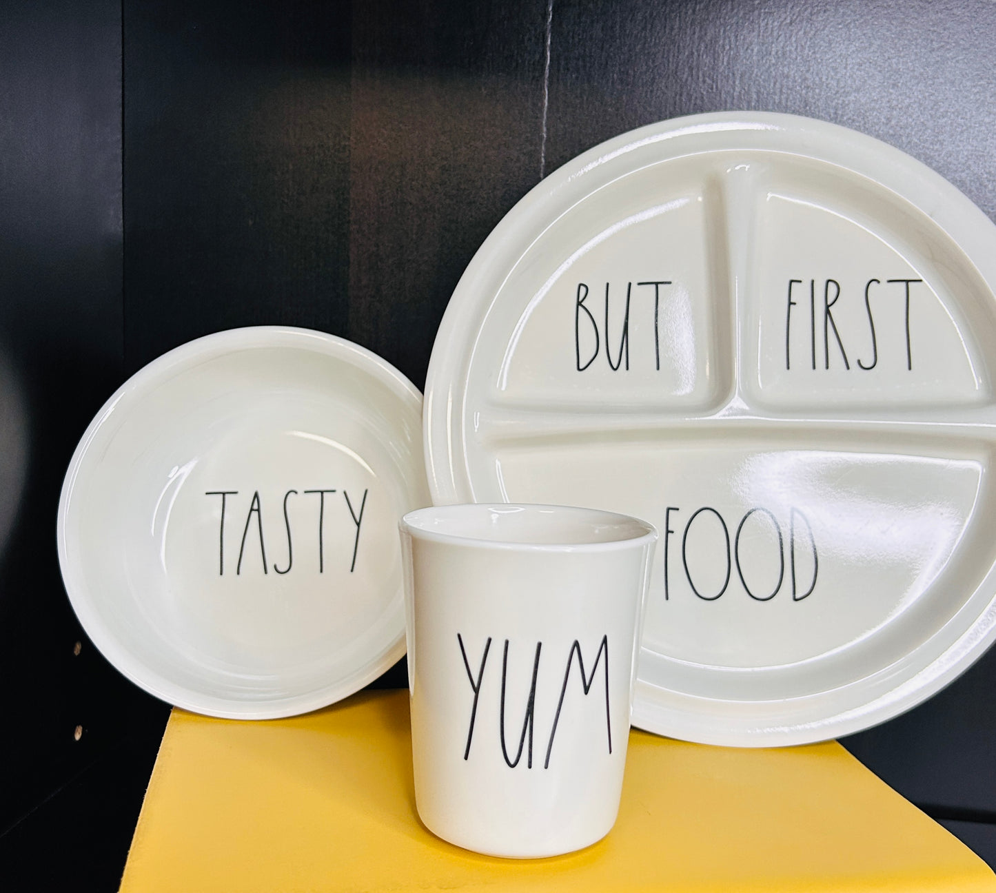 Rae Dunn Kids Dinnerware Set - BUT FIRST FOOD Divided Plate,  TASTY Bowl & YUM Cup - Artisan Collection