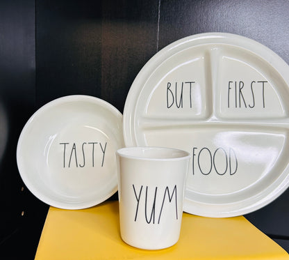 Rae Dunn Kids Dinnerware Set - BUT FIRST FOOD Divided Plate,  TASTY Bowl & YUM Cup - Artisan Collection