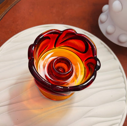Vintage Tiara Indiana Glass Amberina Candle Holder SunsetLeaf Pedestal RedOrange