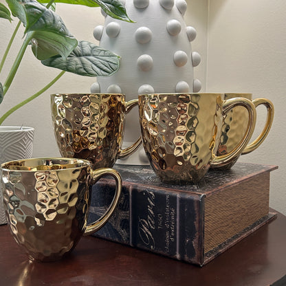 Gold Hammered Coffee Mug Set of 4 Baroque Collection Metallic Glam Kitchen Mugs